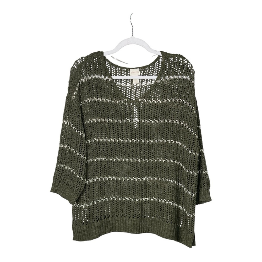 Chicos Olive Green Silver Open Knit Sweater 2 - Picture 4 of 9